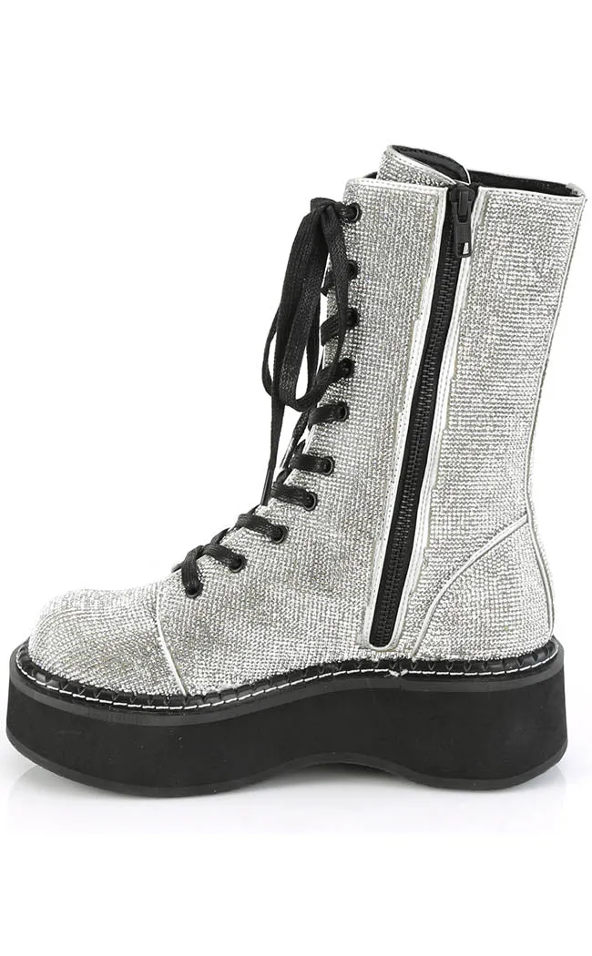 EMILY-362 Silver Rhinestone Combat Boots