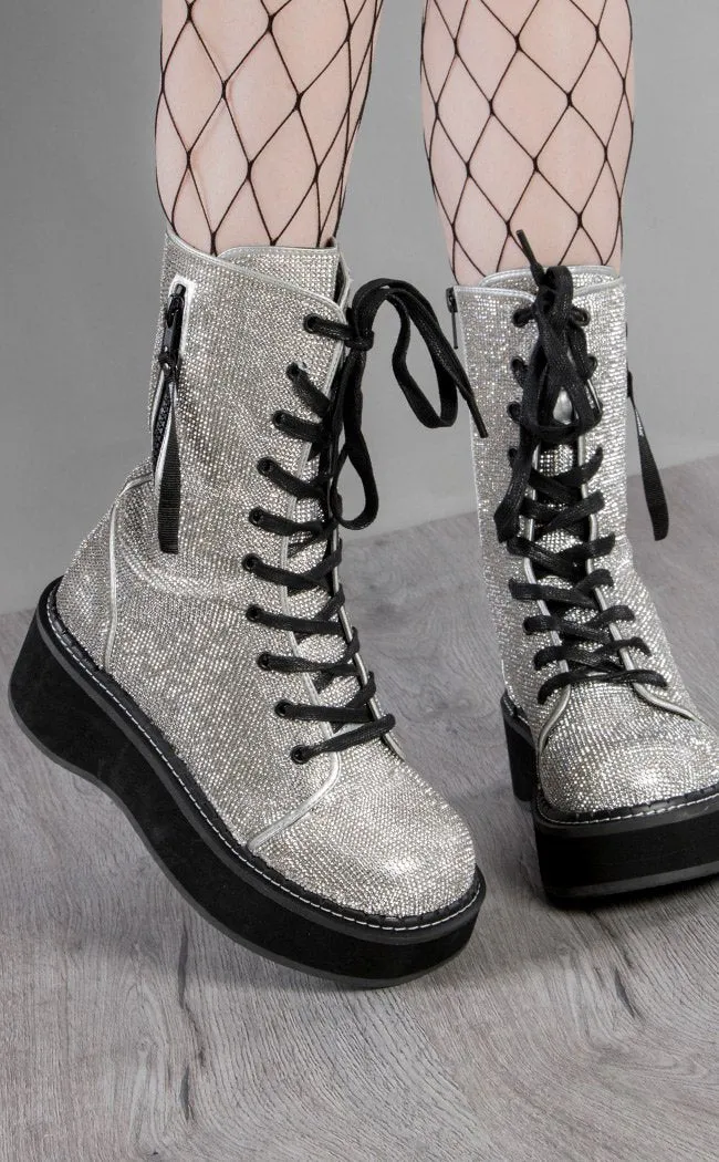 EMILY-362 Silver Rhinestone Combat Boots