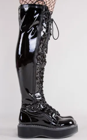 EMILY-375 Black Patent Thigh High Boots