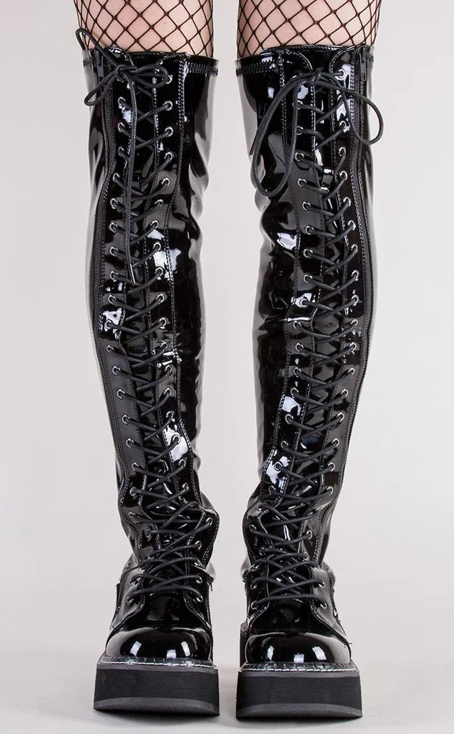 EMILY-375 Black Patent Thigh High Boots