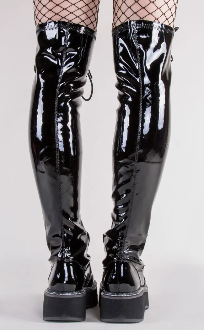 EMILY-375 Black Patent Thigh High Boots