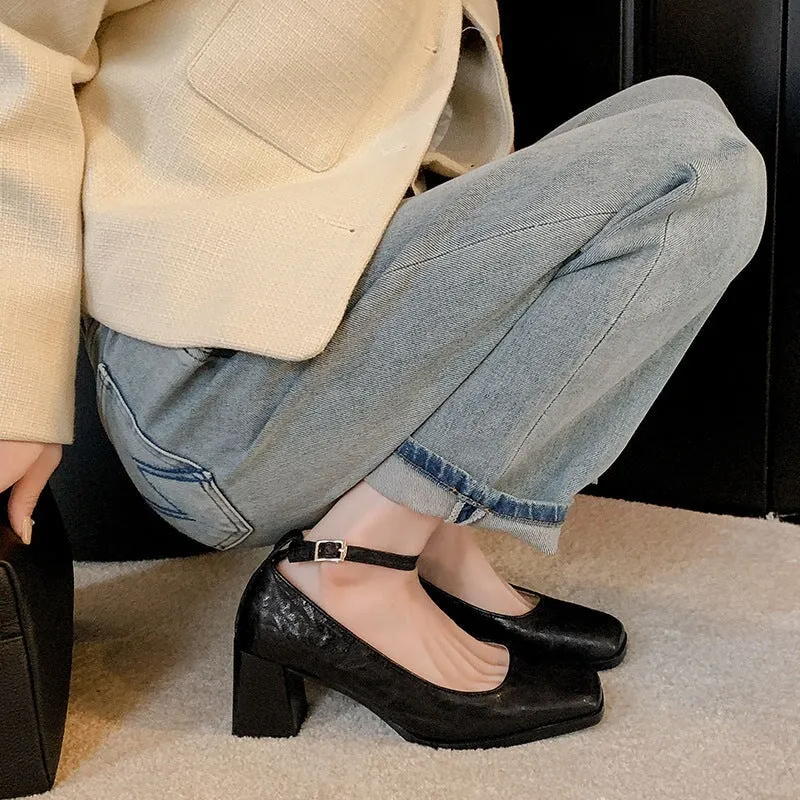 Handmade Leather Pumps Mary Jane High Heel Square Toe  in Black/Brown