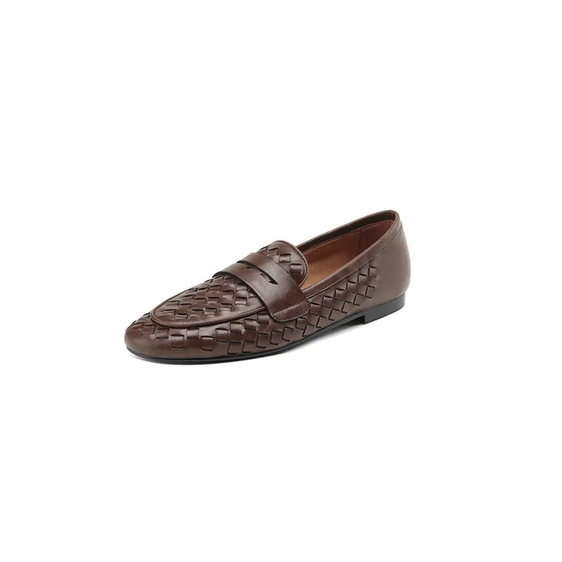 Handmade Woven Leather Loafers for Women in Brown/Black