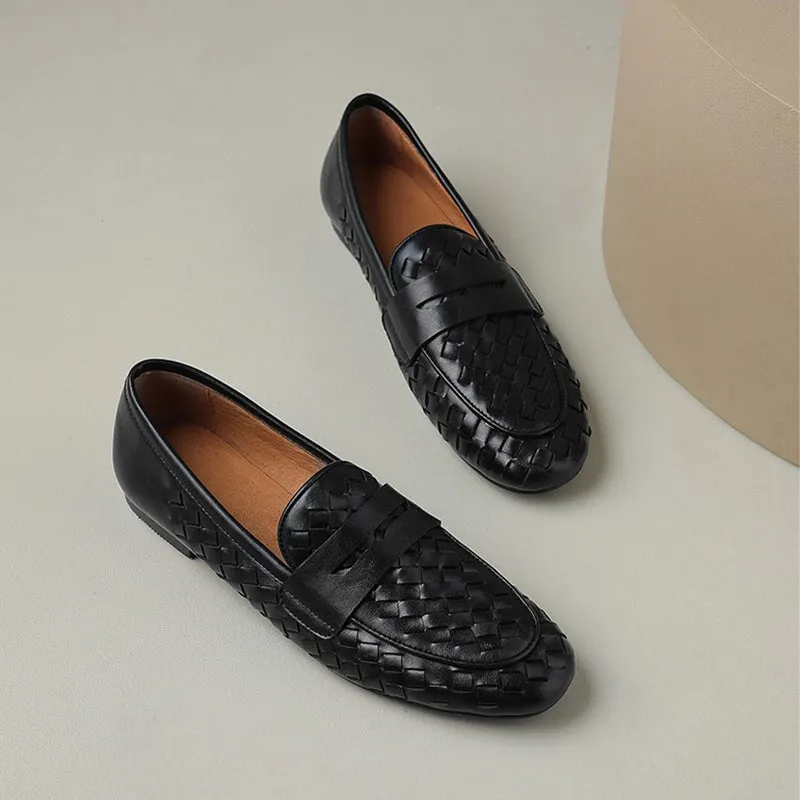 Handmade Woven Leather Loafers for Women in Brown/Black