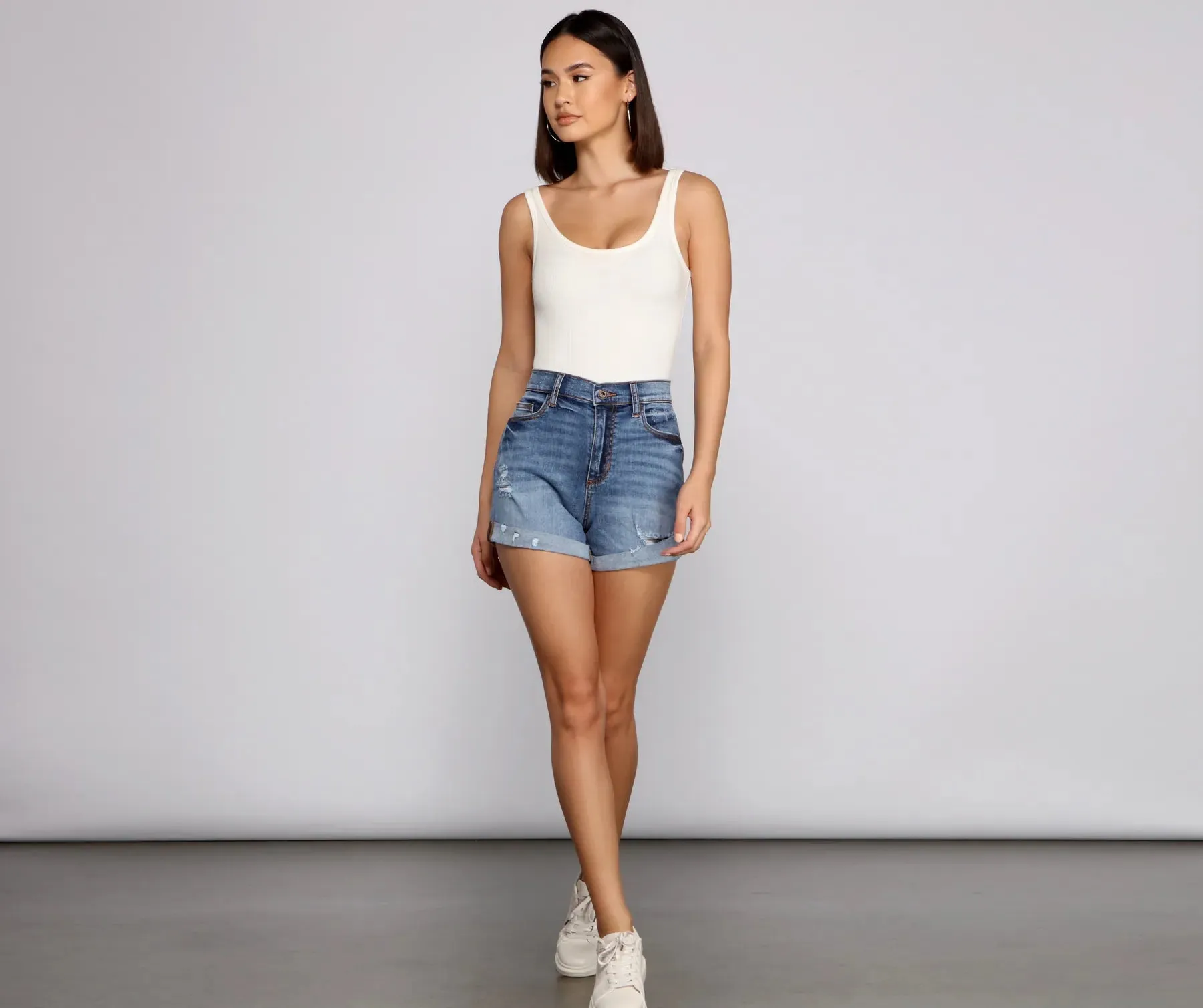 High Rise Destructed Diva Denim Shorts