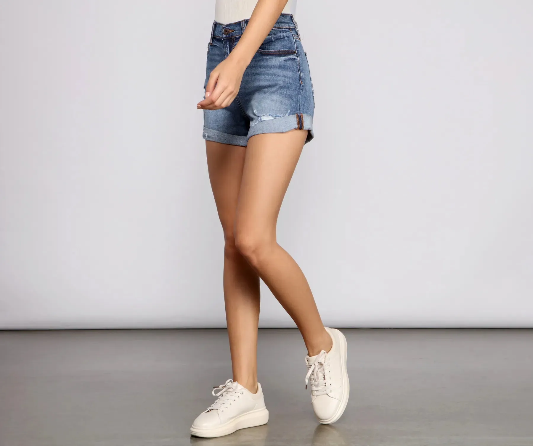 High Rise Destructed Diva Denim Shorts