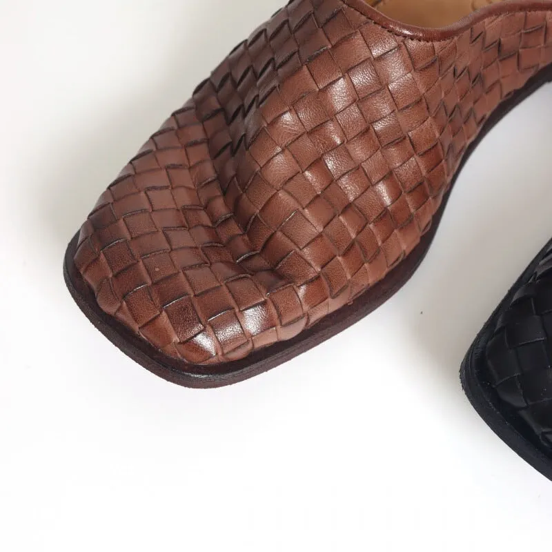 Horse Leather Woven Loafer Mules for Women Backless in Black/Brown