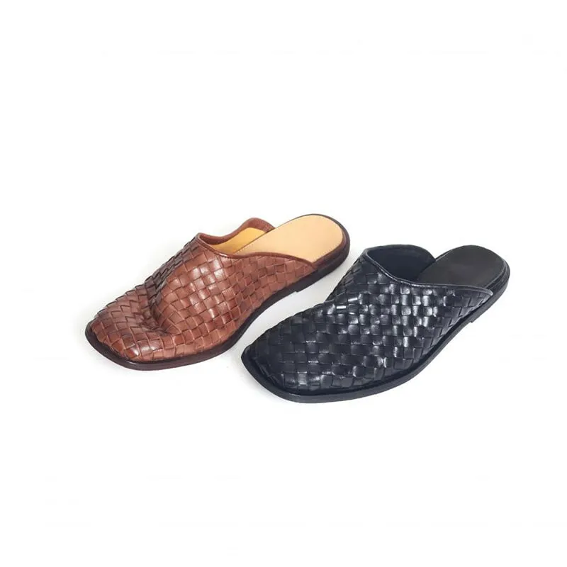 Horse Leather Woven Loafer Mules for Women Backless in Black/Brown