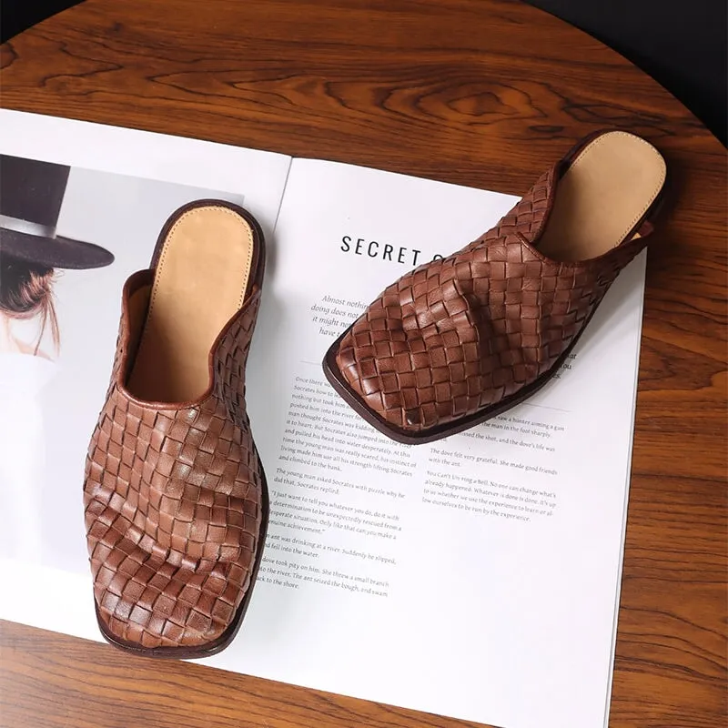 Horse Leather Woven Loafer Mules for Women Backless in Black/Brown