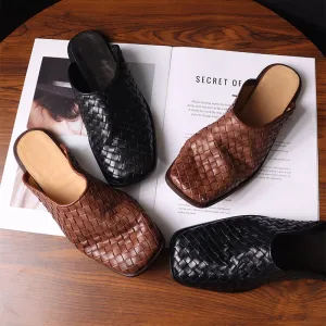 Horse Leather Woven Loafer Mules for Women Backless in Black/Brown