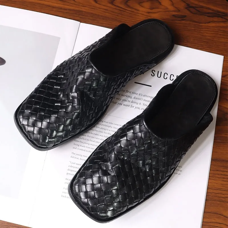 Horse Leather Woven Loafer Mules for Women Backless in Black/Brown