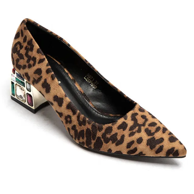 Jewel heel court shoes in Faux Suede leopard print