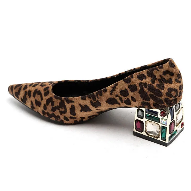 Jewel heel court shoes in Faux Suede leopard print