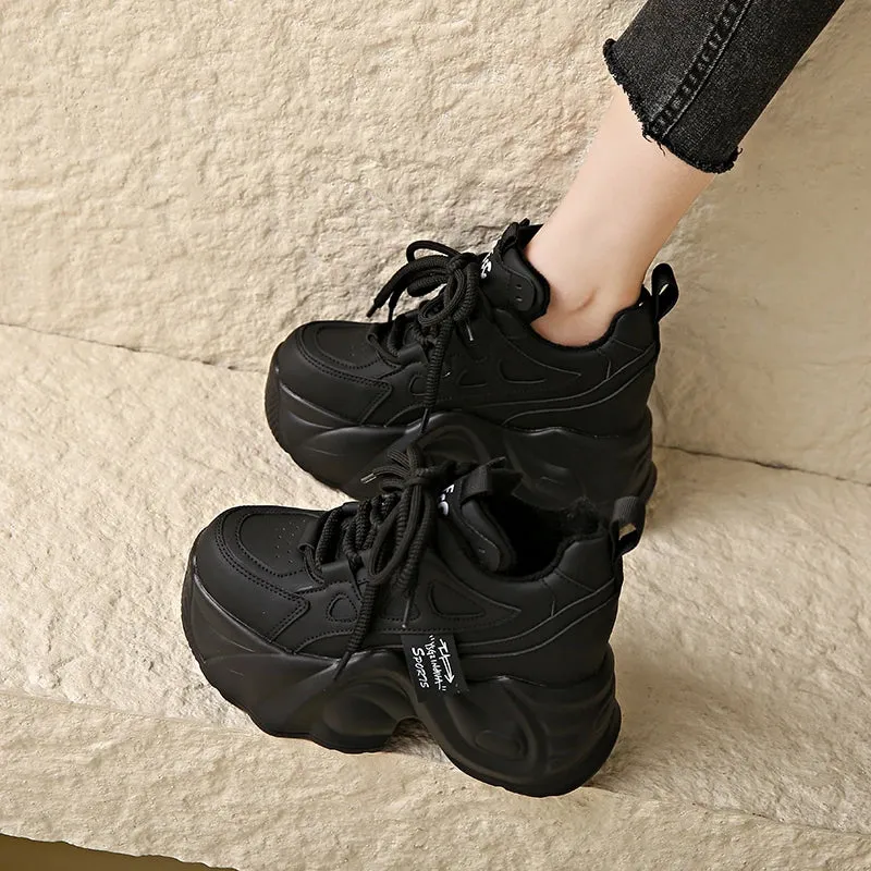 Joskaa 2024 New Black Platform Leather Chunky Sneakers