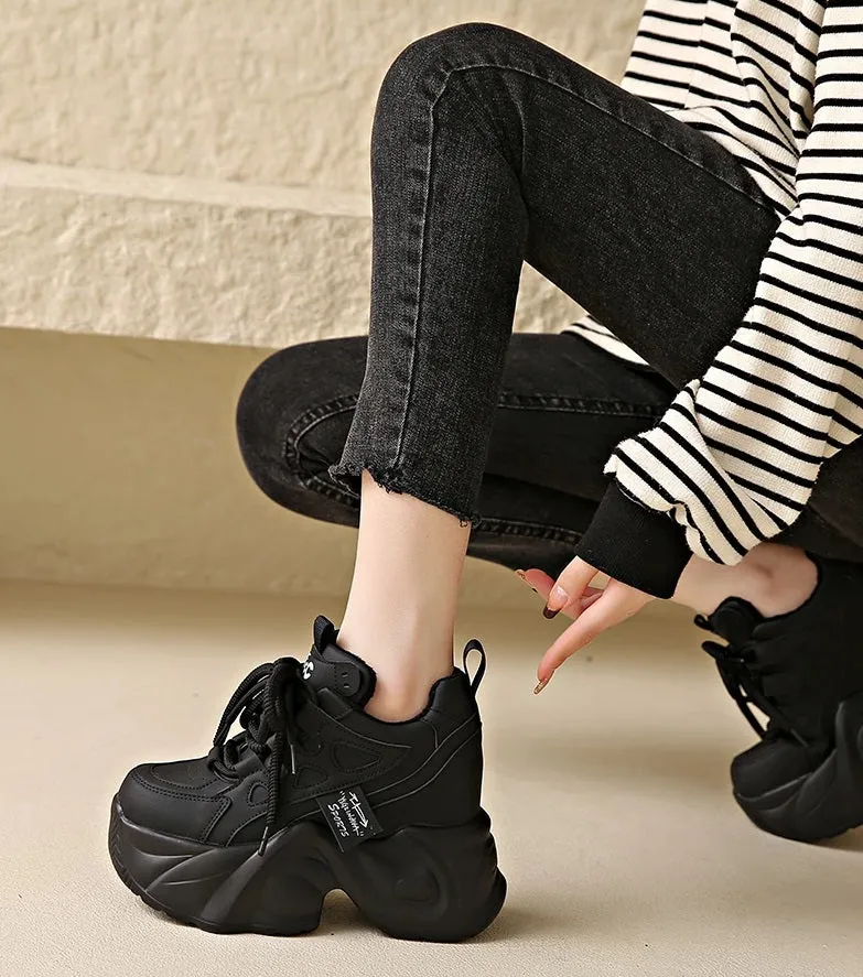 Joskaa 2024 New Black Platform Leather Chunky Sneakers