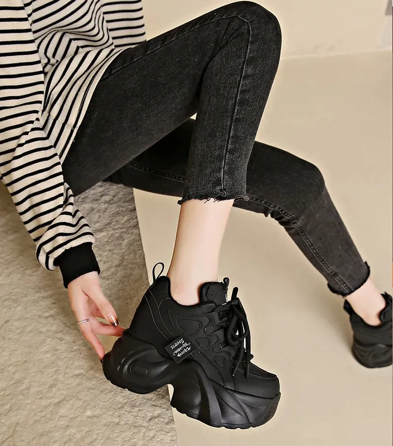 Joskaa 2024 New Black Platform Leather Chunky Sneakers