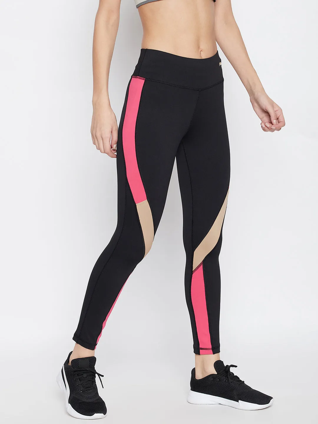 JUMP USA Women Black & Pink Colorblocked Activewear Gym Tights