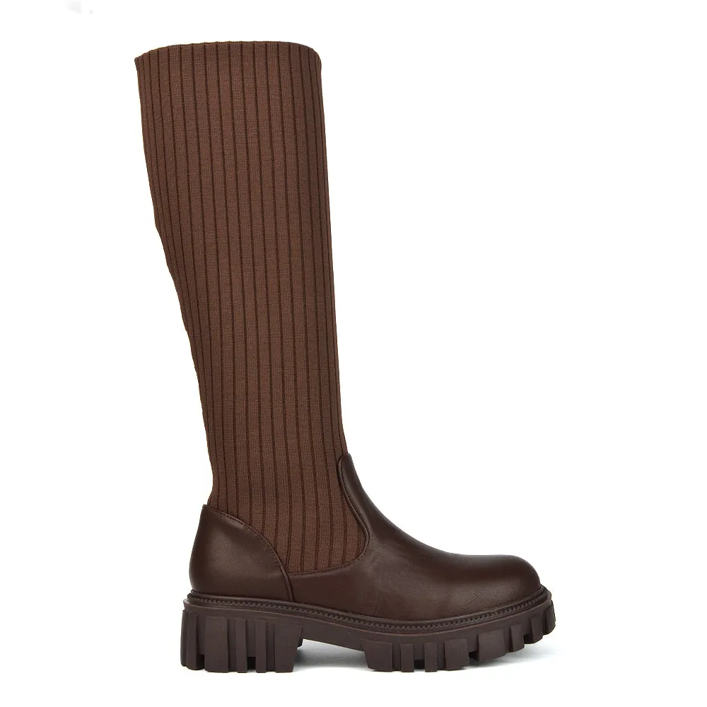 Kirsty Knitted Sock Knee High Boots with Chunky Sole in Brown Synthetic Leather