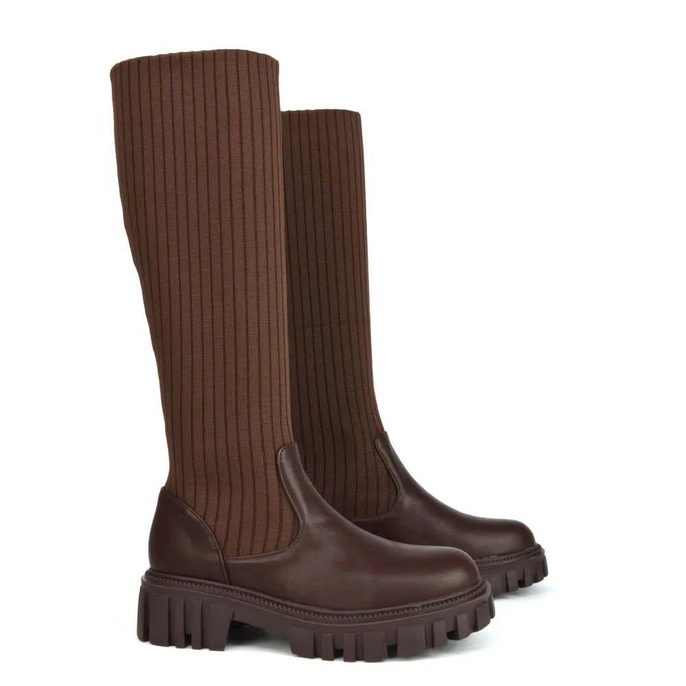 Kirsty Knitted Sock Knee High Boots with Chunky Sole in Brown Synthetic Leather