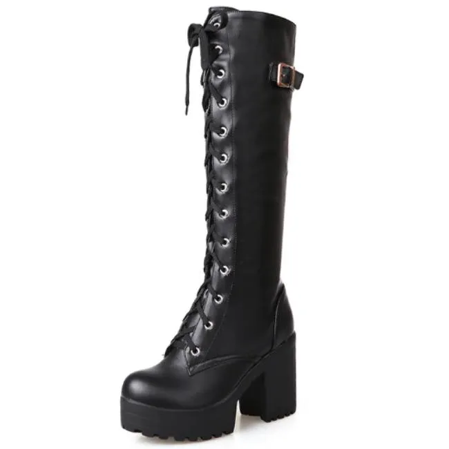 Knee High Lace Up Black Gothic Platform Boots