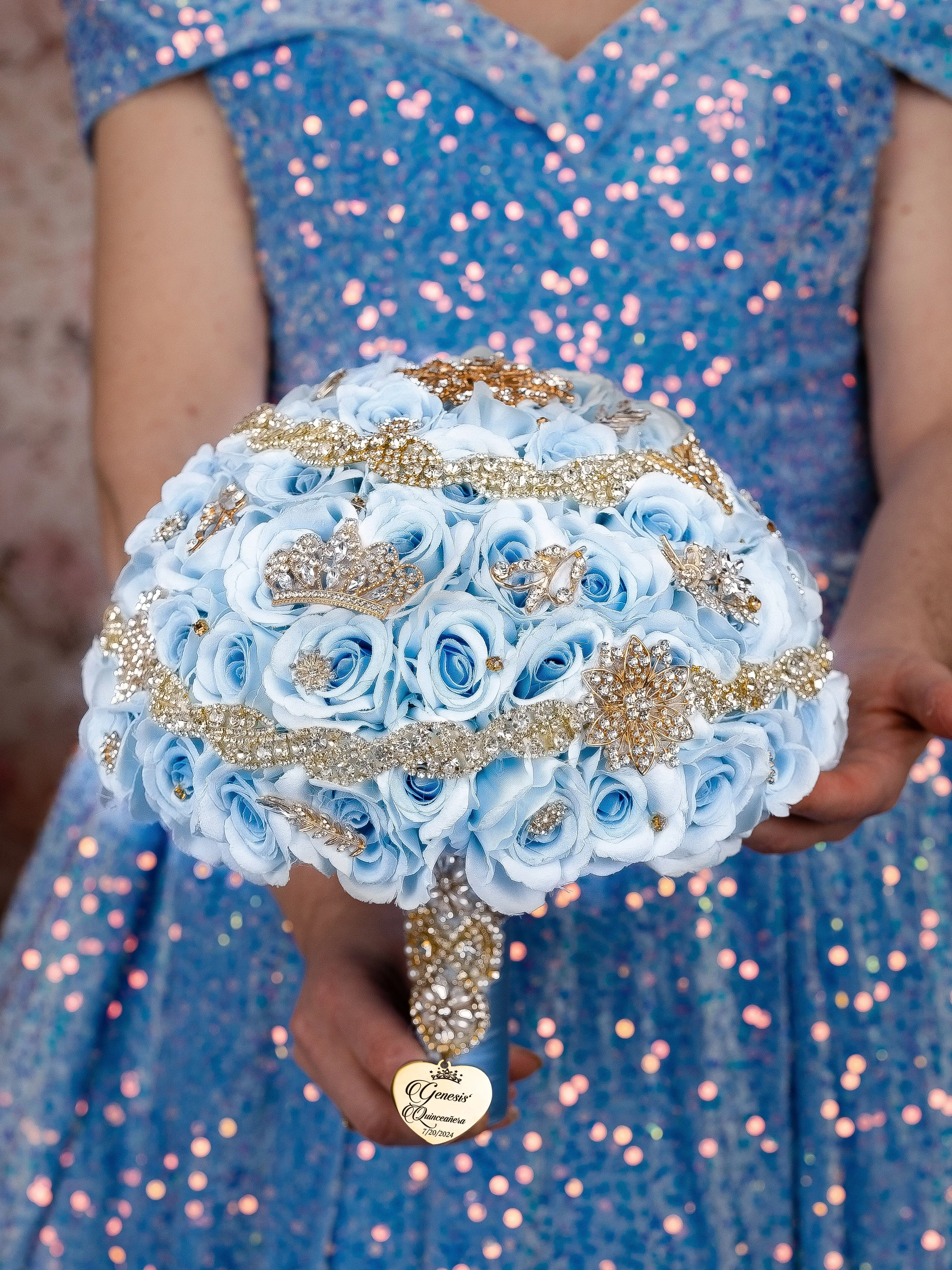 Light Blue Gold quinceanera kneeling pillow, shoes pillow