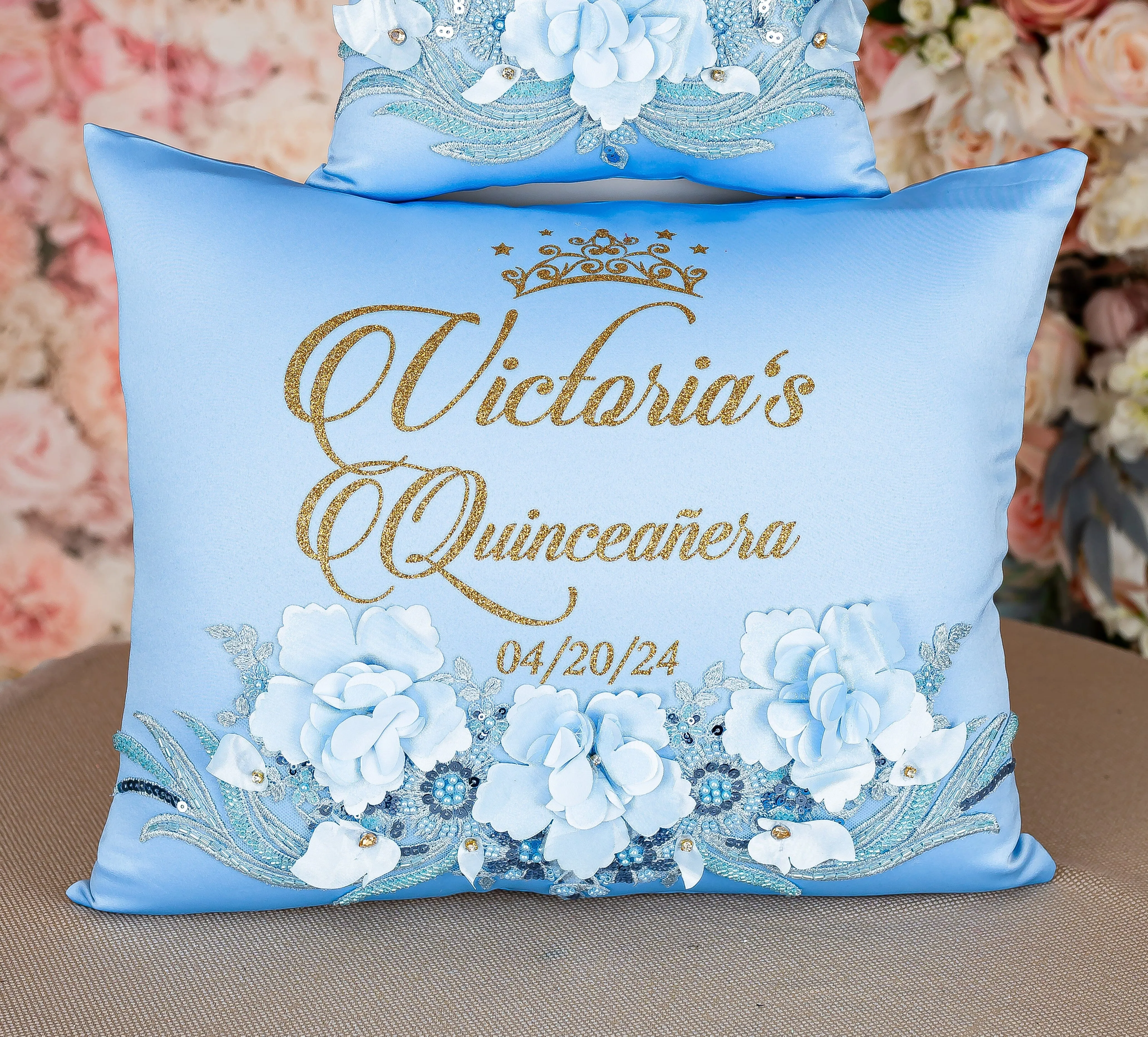 Light Blue Gold quinceanera kneeling pillow, shoes pillow