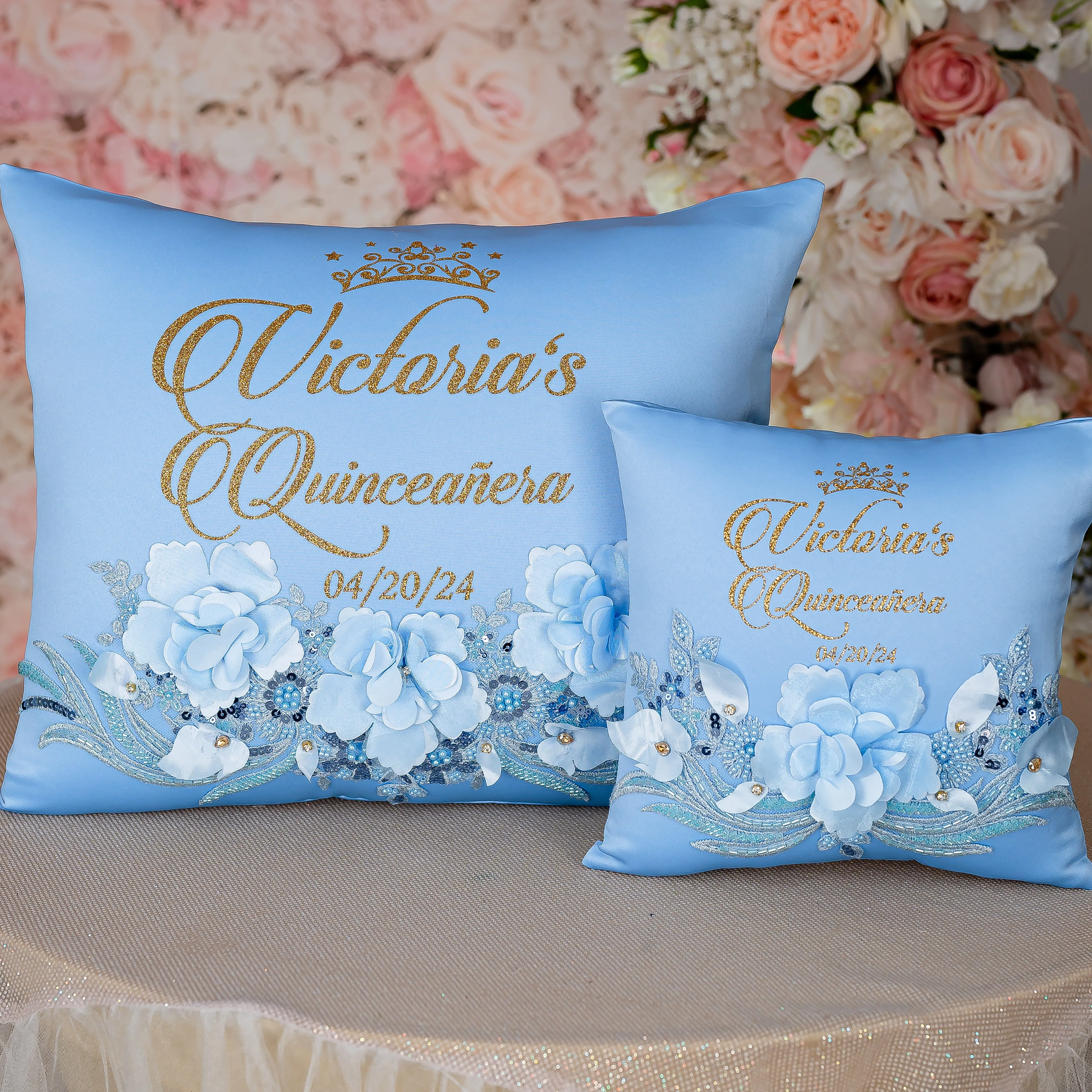 Light Blue Gold quinceanera kneeling pillow, shoes pillow