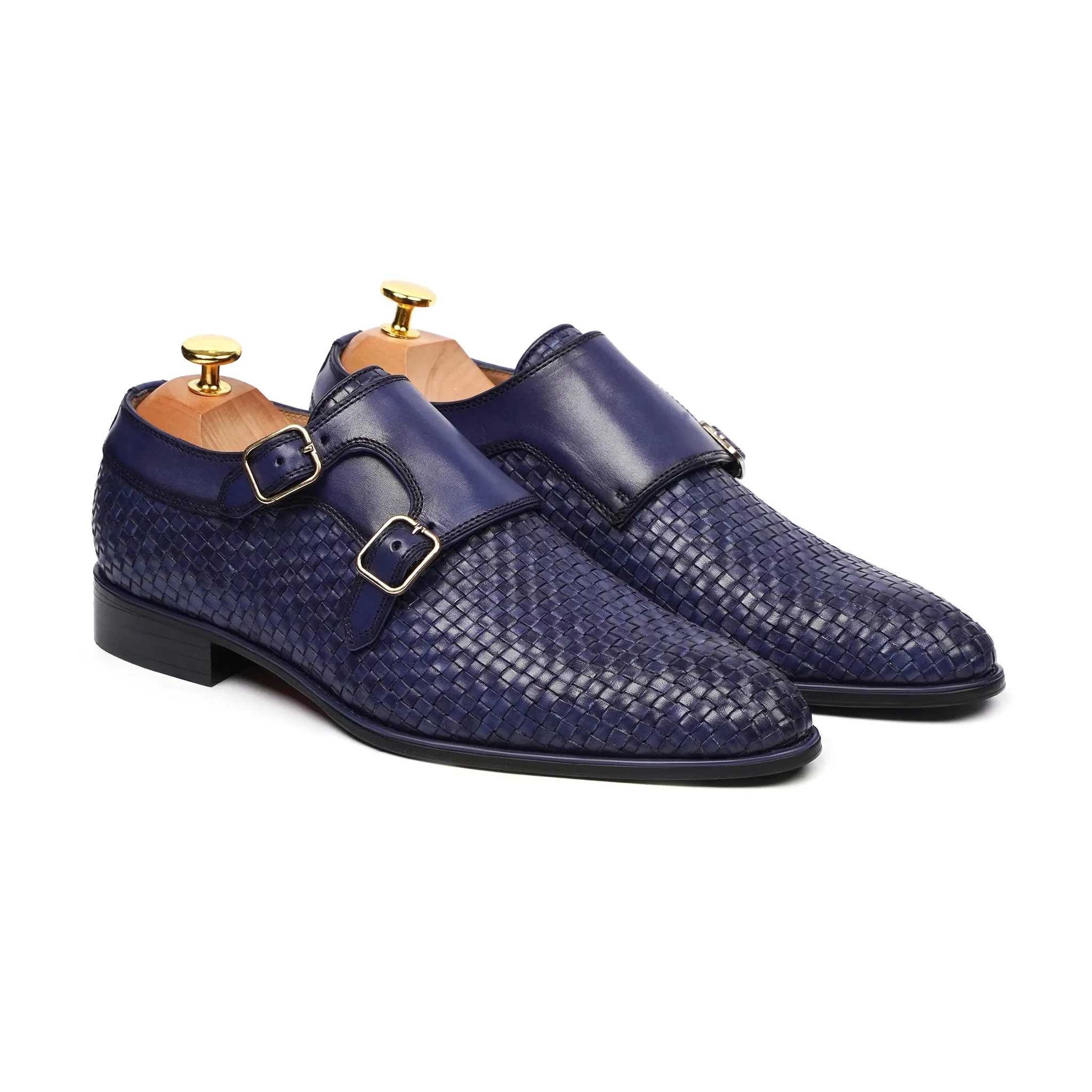 Lizard - Men's Blue Hand Woven Calf Leather Double Monkstrap