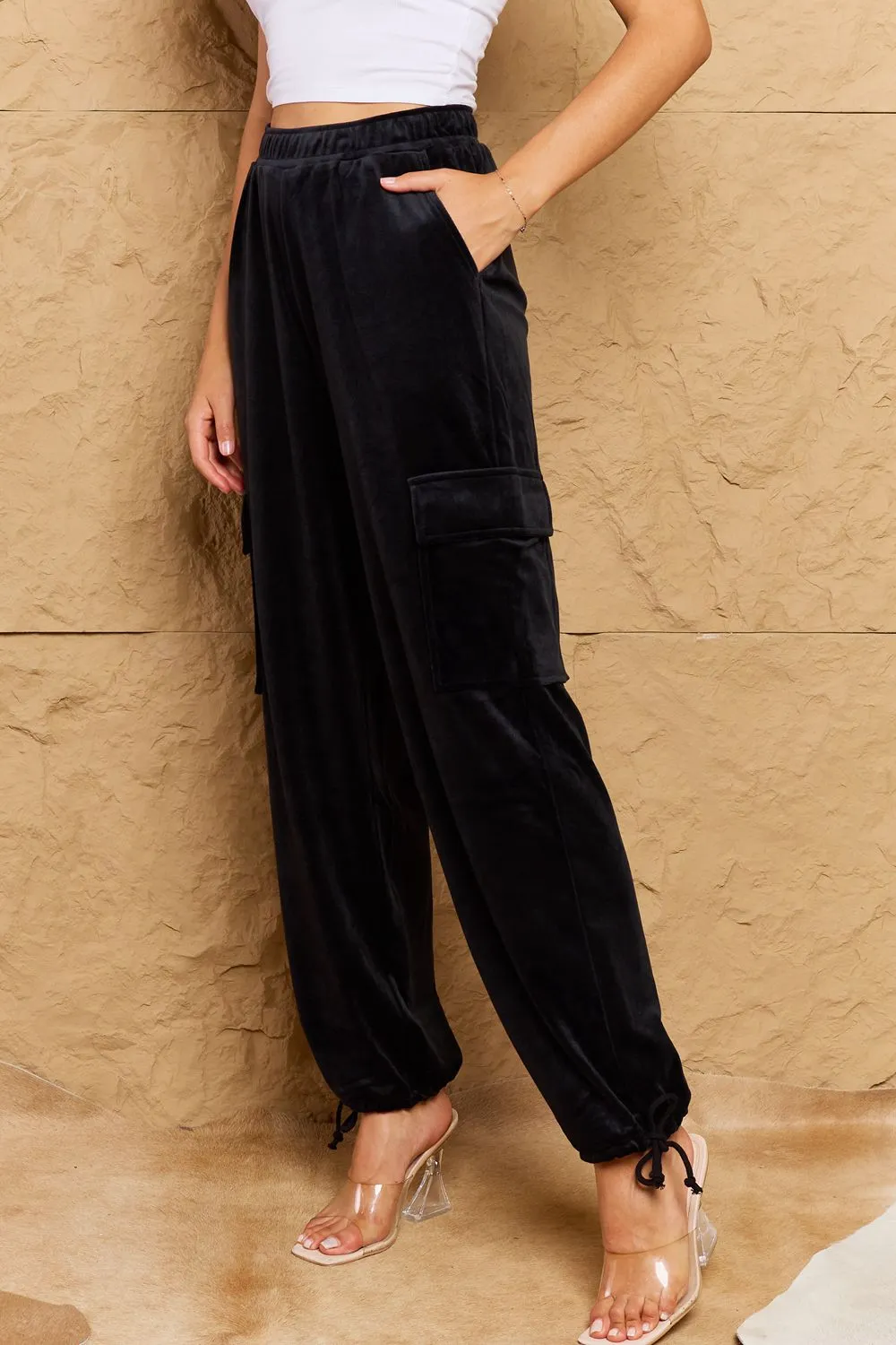 Lynn Chic For Days High Waist Drawstring Cargo Pants in Black