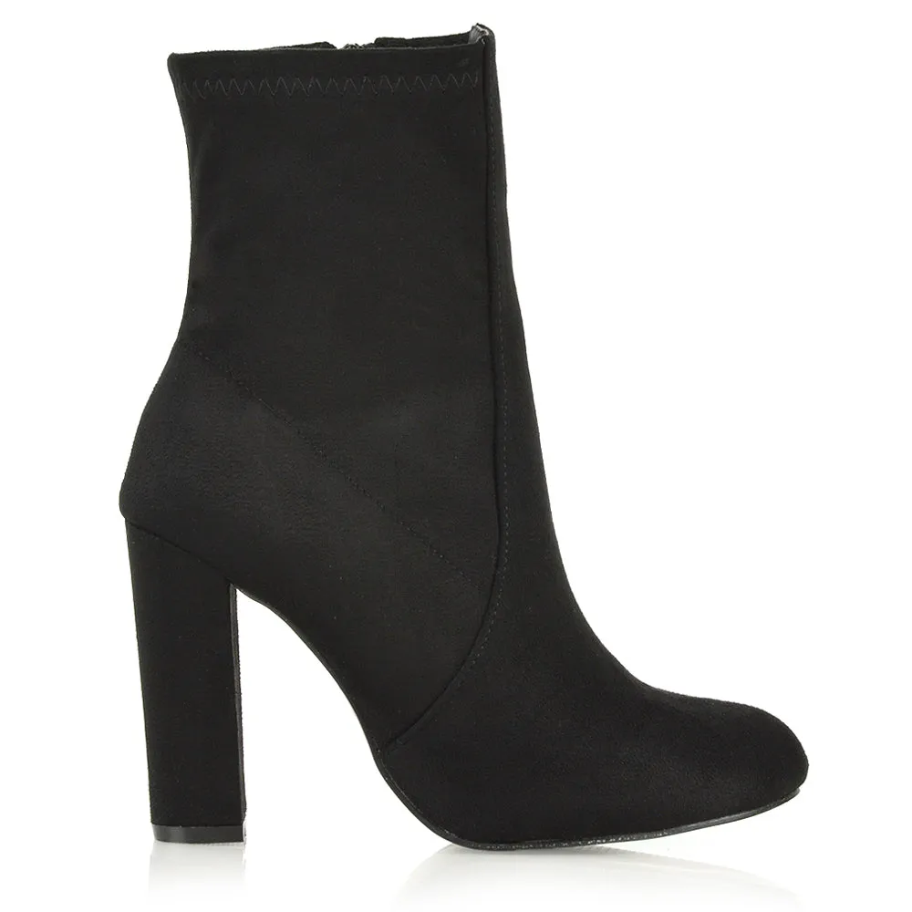 Margot Block High Heeled Zip-up Sock Ankle Boots in Black Faux Suede