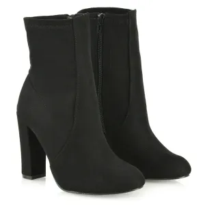 Margot Block High Heeled Zip-up Sock Ankle Boots in Black Faux Suede