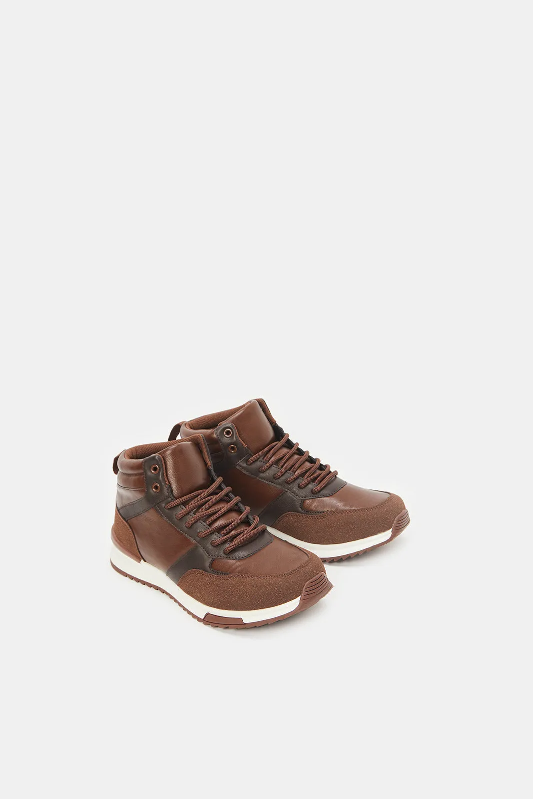 Men Brown Material Block High Top Sneakers