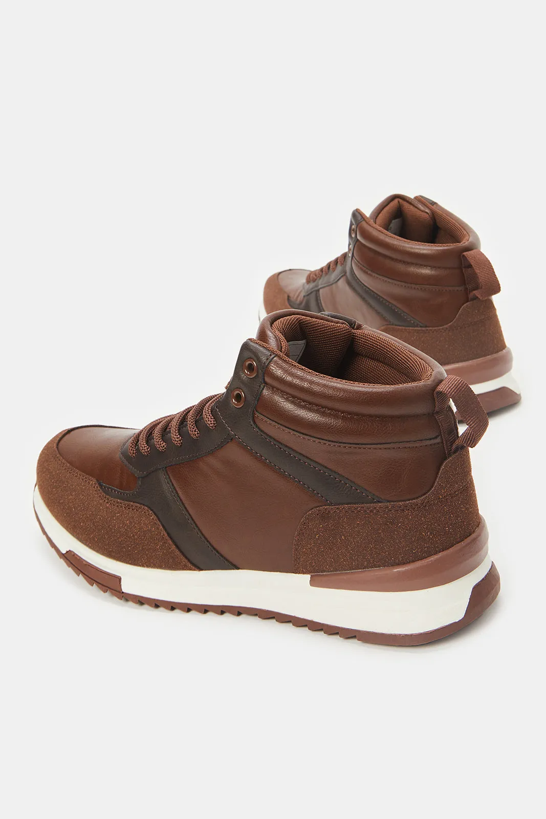 Men Brown Material Block High Top Sneakers