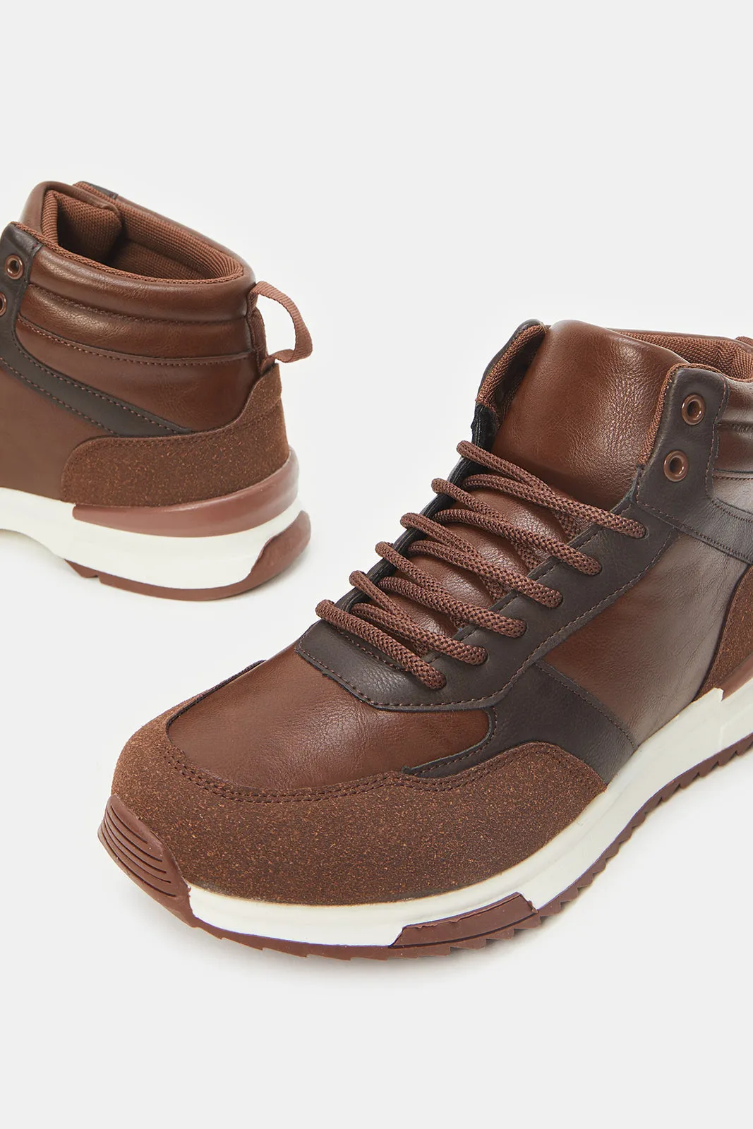 Men Brown Material Block High Top Sneakers