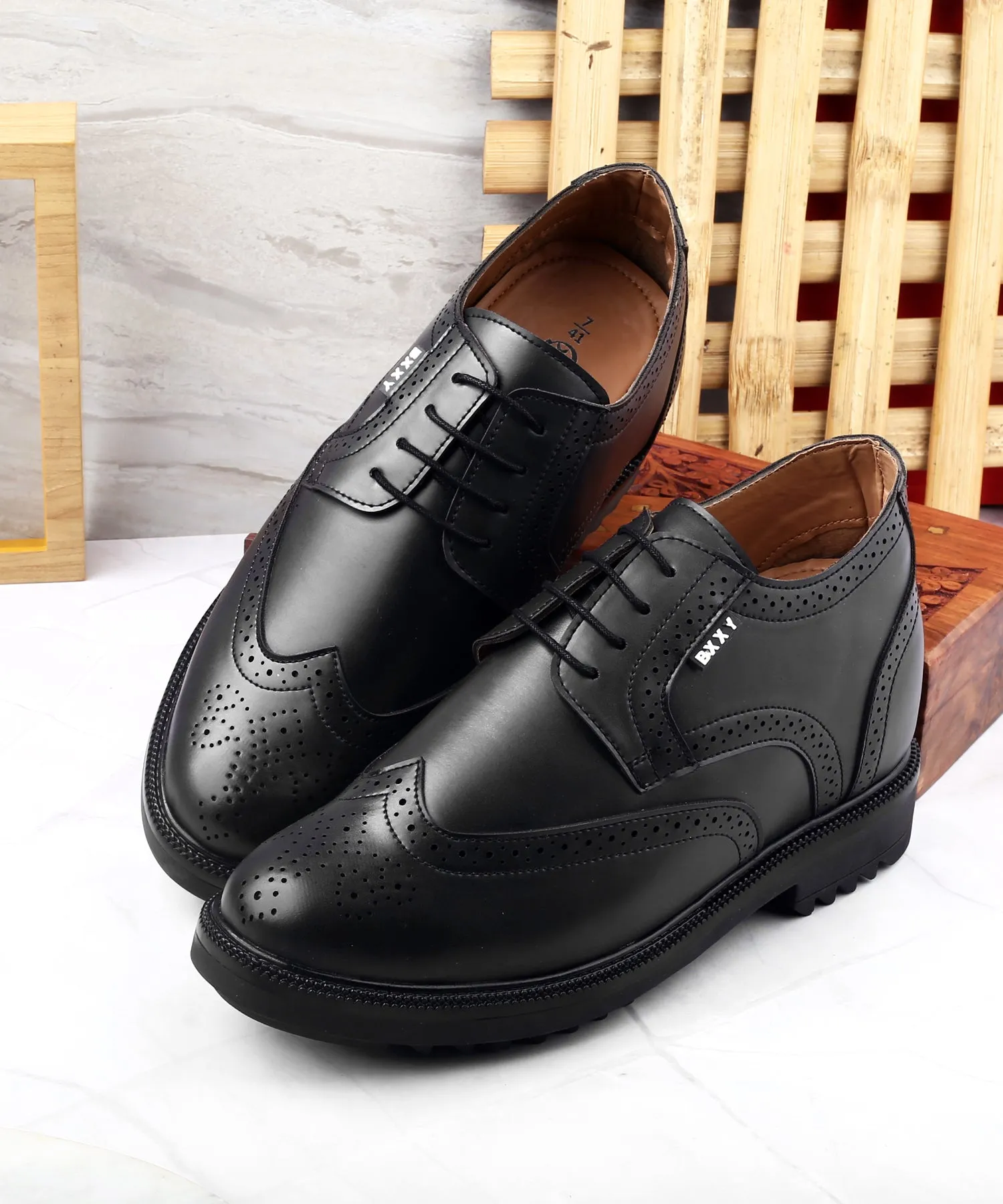 Men's 3.5 Inch Hidden Height Increasing Vegan Leather Brogue Shoes