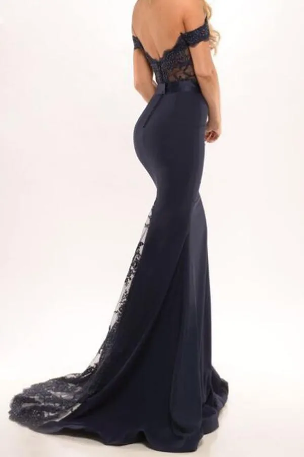 Mermaid Off the Shoulder Navy Blue Prom Dress Evening Dresses With Sash  PG230