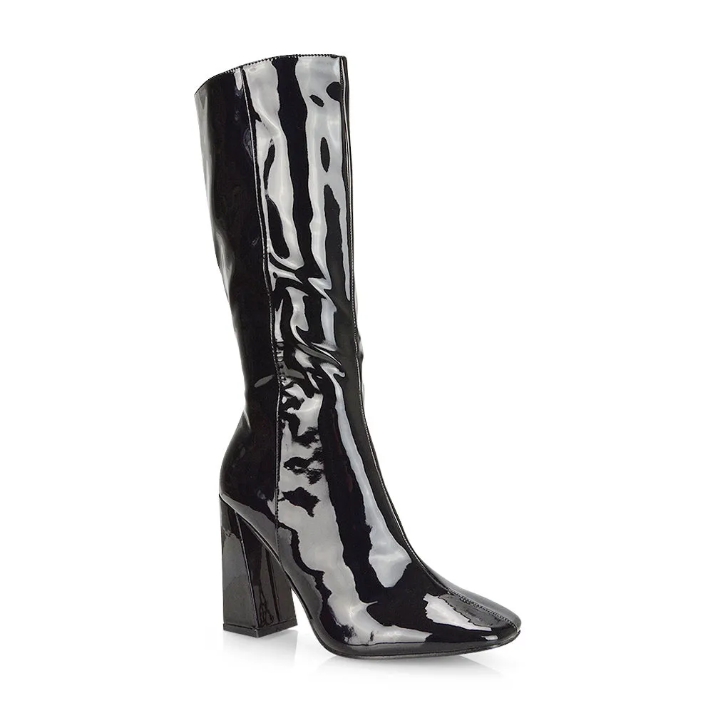 Millicent Square Toe below the Knee Long Block High Heel Boots in Black Patent