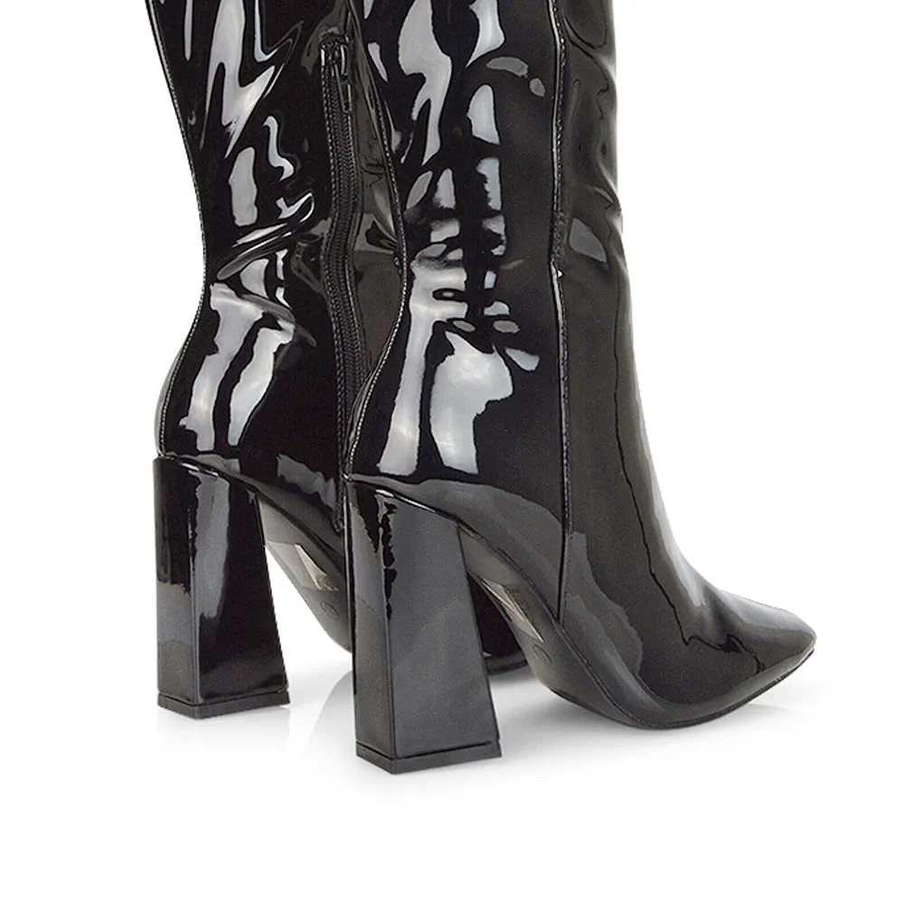 Millicent Square Toe below the Knee Long Block High Heel Boots in Black Patent