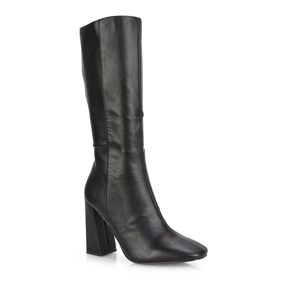 Millicent Square Toe below the Knee Long Block High Heel Boots in Black Patent