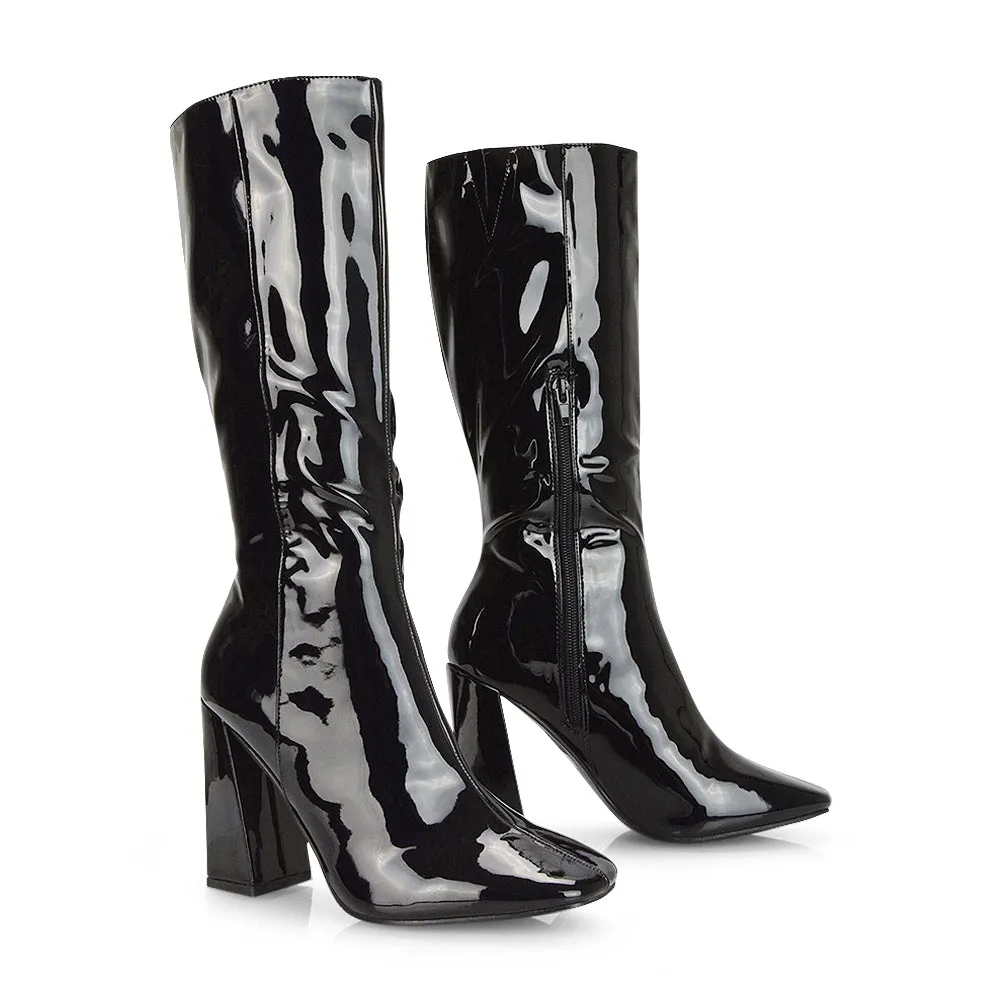 Millicent Square Toe below the Knee Long Block High Heel Boots in Black Patent