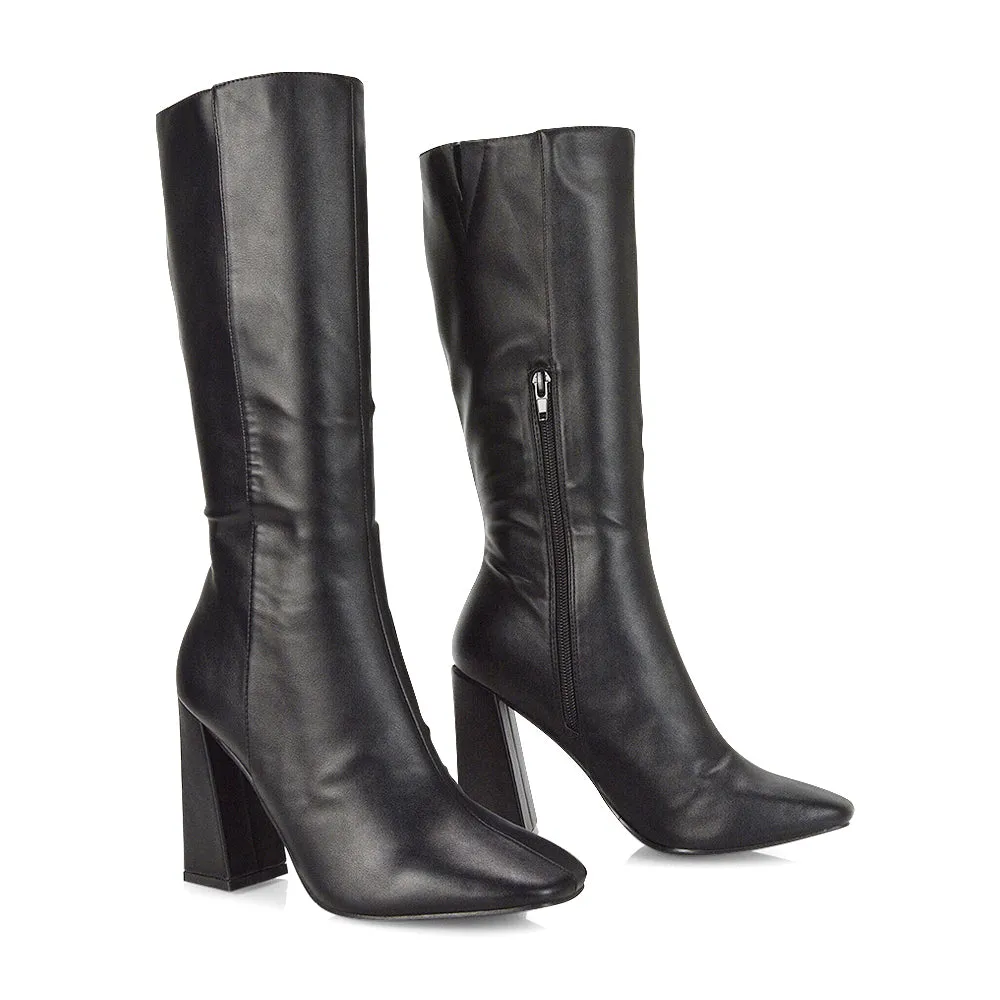 Millicent Square Toe below the Knee Long Block High Heel Boots in Black Patent