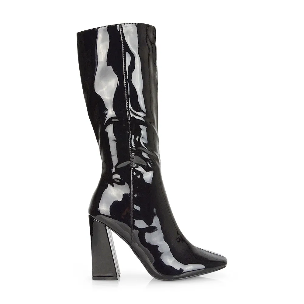 Millicent Square Toe below the Knee Long Block High Heel Boots in Black Patent