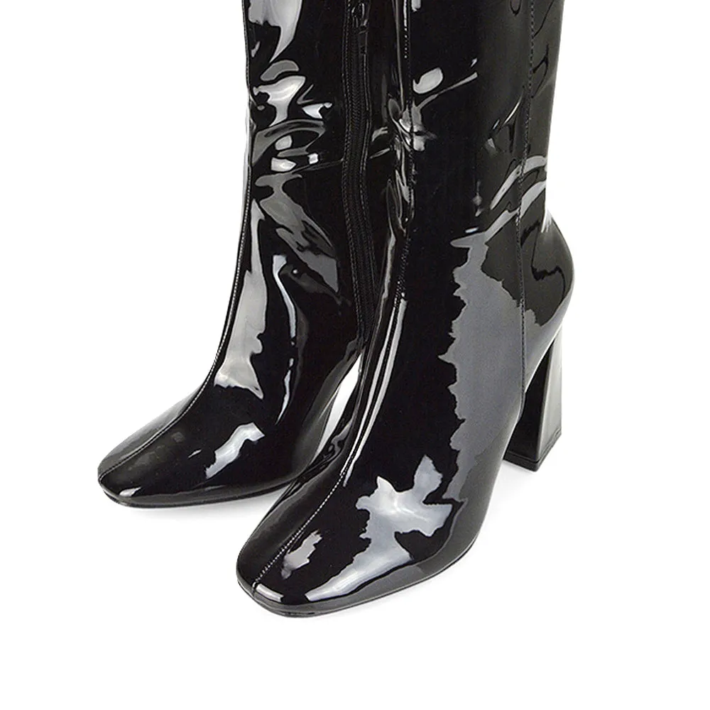 Millicent Square Toe below the Knee Long Block High Heel Boots in Black Patent