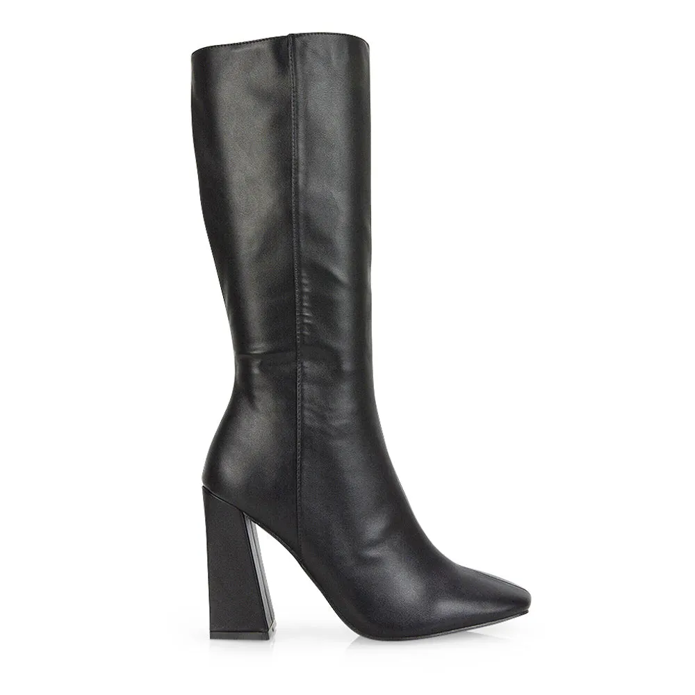 Millicent Square Toe below the Knee Long Block High Heel Boots in Black Patent