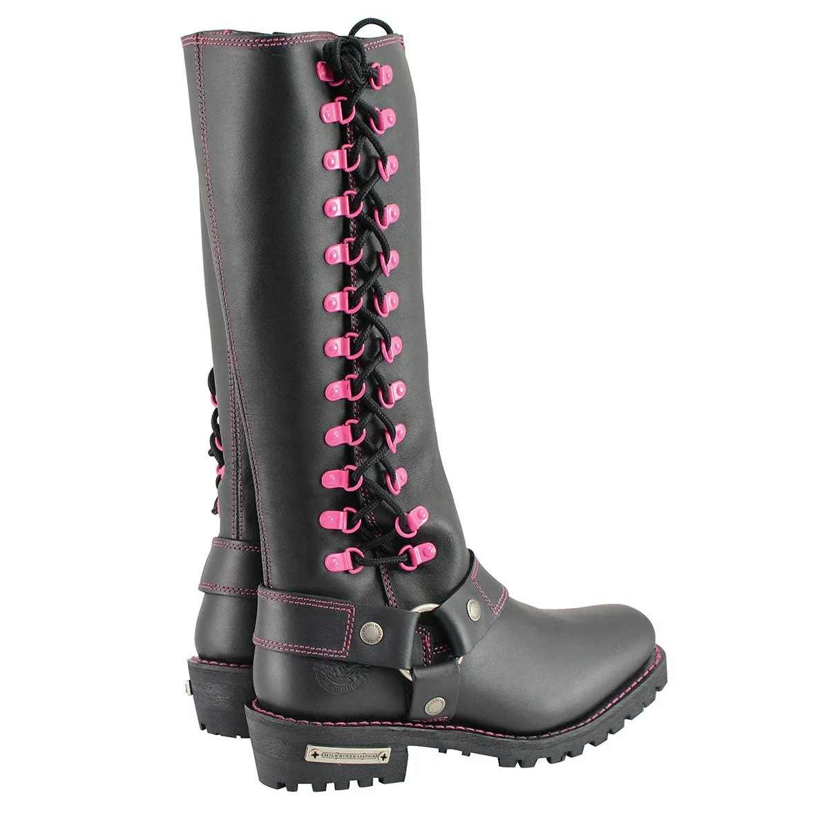 Milwaukee Leather Women's Black 14-inch Leather Harness Motorcycle Boots with Fuchsia Accent Lacing MBL9367