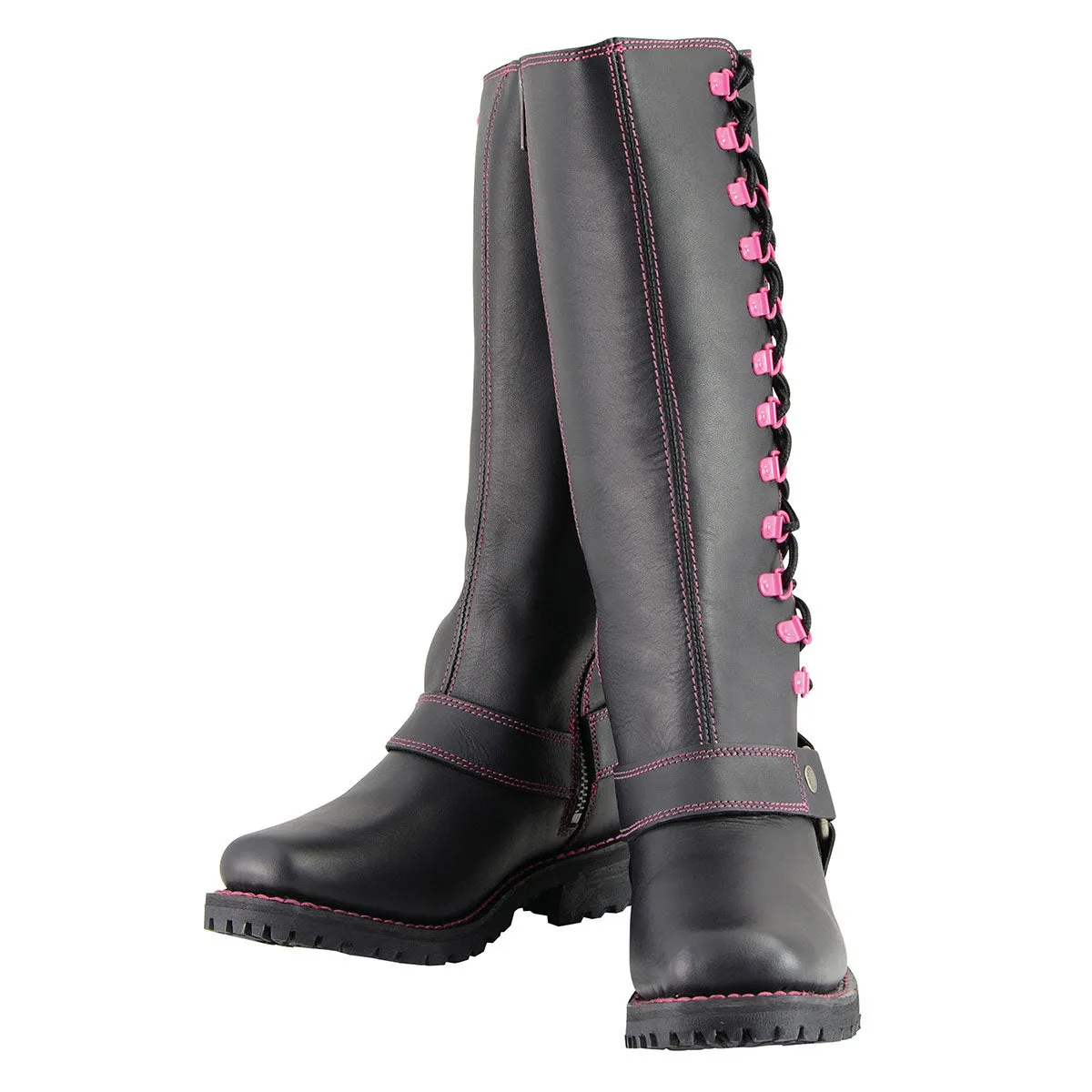 Milwaukee Leather Women's Black 14-inch Leather Harness Motorcycle Boots with Fuchsia Accent Lacing MBL9367