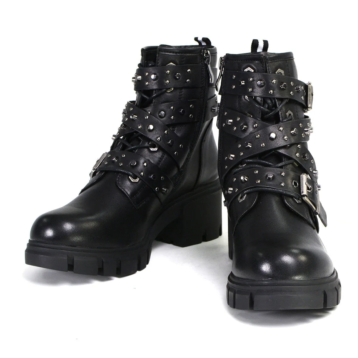 Milwaukee Performance Leather MBL9444 Women's ‘Bruiser’ Black Leather Lace to Toe Boots with Studded Straps