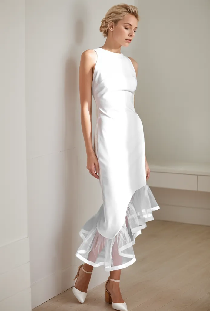 Modern Scoop Neck asymmetrical skirt hem Satin wedding dress little white dress