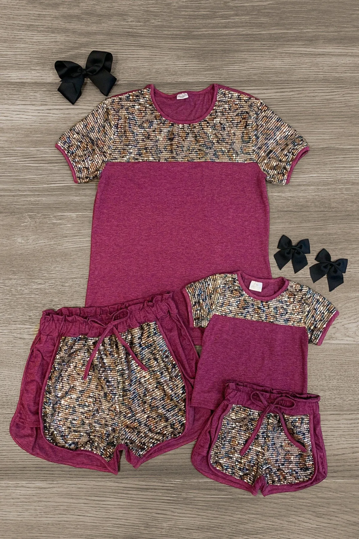 Mom & Me - Plum Leopard Sequin Lounge Short Set