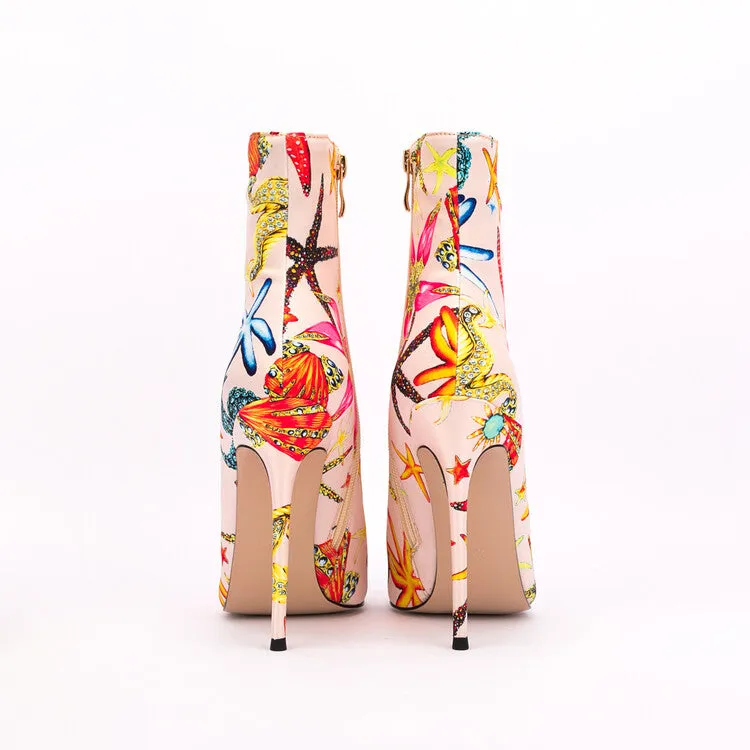 Ocean Dream Printed Pointed Toe Ankle Boots